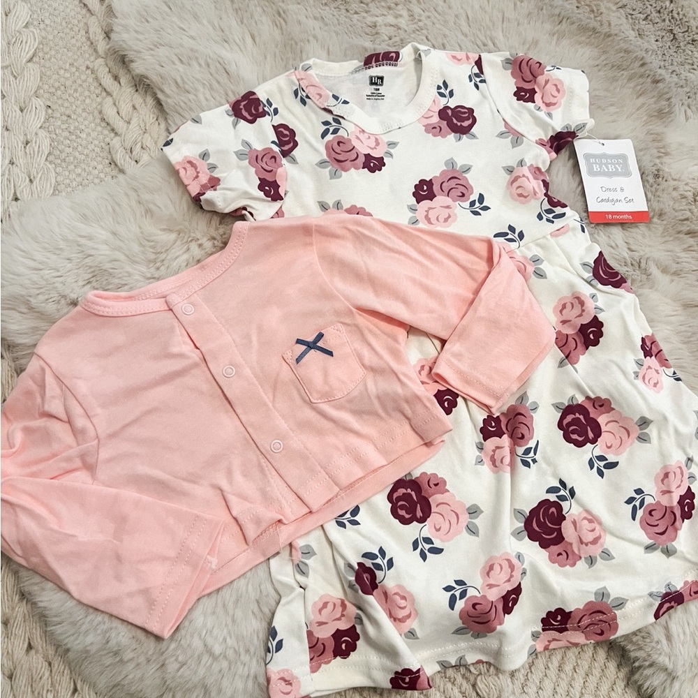 Hudson Baby Infant and Toddler Girl Cotton Dress and Cardigan 2pc Set